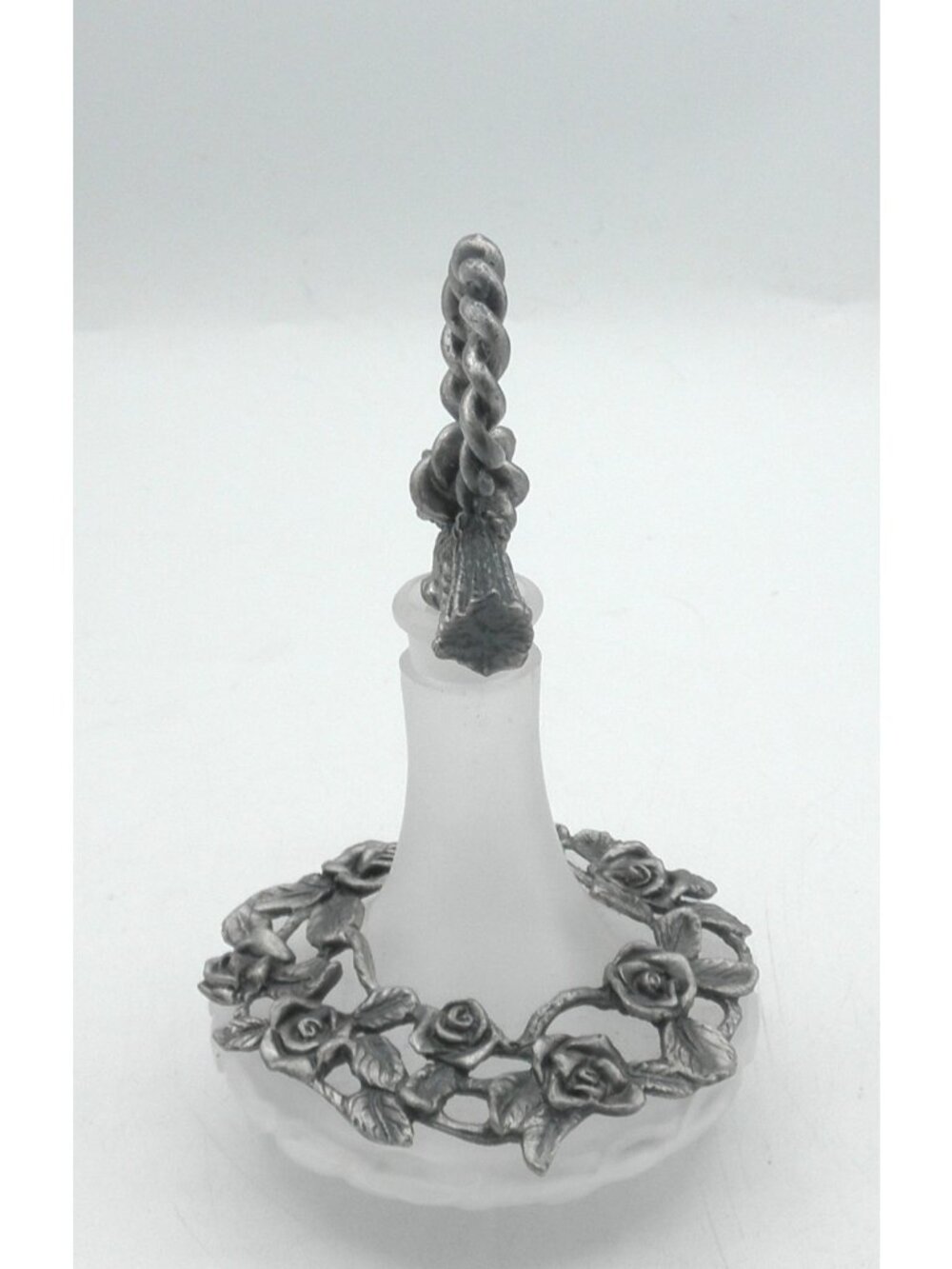 Vintage Clear Frosted Glass Vanity Bottle With Pewter Embellishments & Stopper - Picture 2 of 8